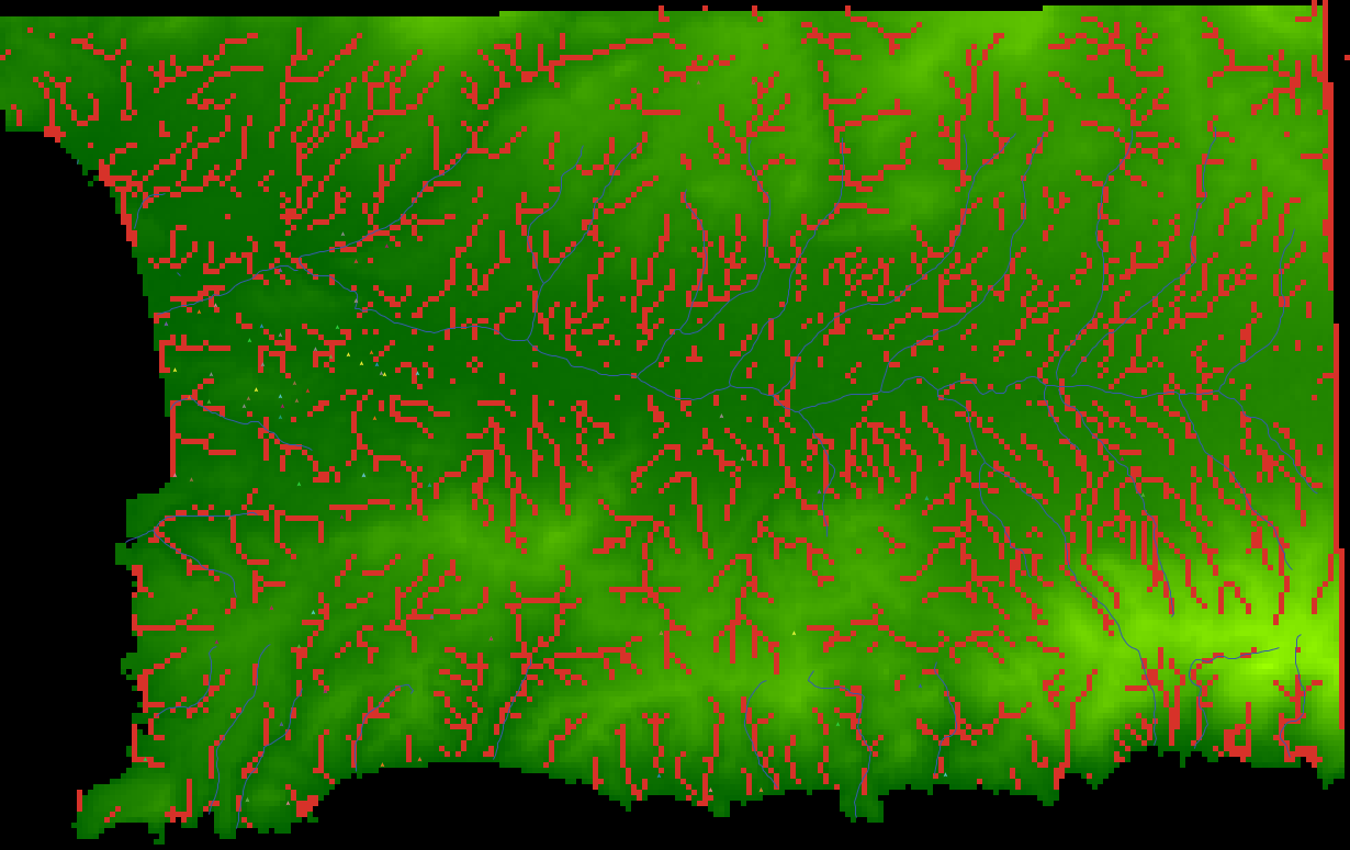 Highlight of patches with flow accumulation greater than 10