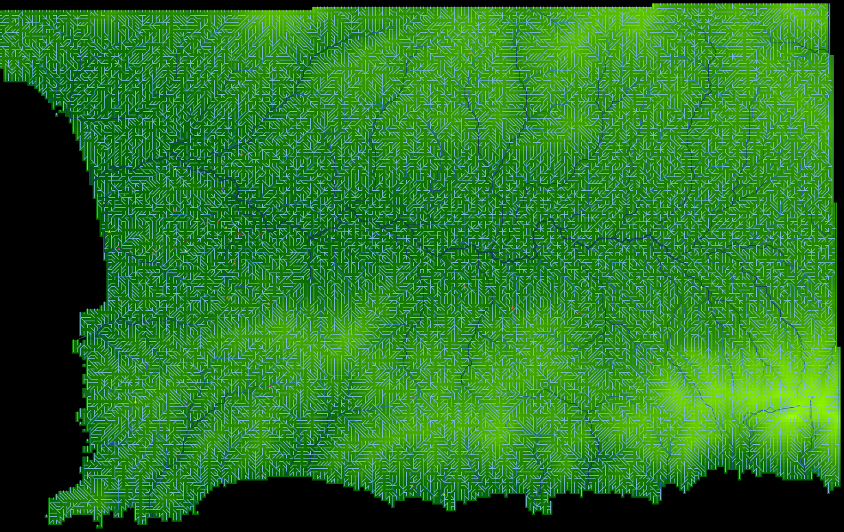 View of flow direction and accumulation, calculated with ‘flows’ module with the fill-sinks procedure